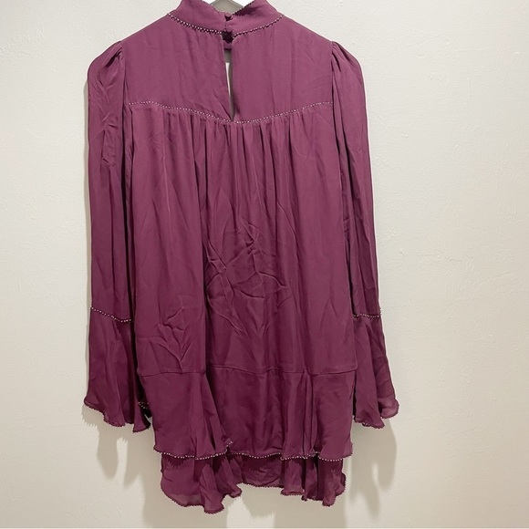 PARKER Women’s Burgundy Silk TESSA Choker Neck Bell Slv Keyhole Beaded Dress  XS - Picture 3 of 8